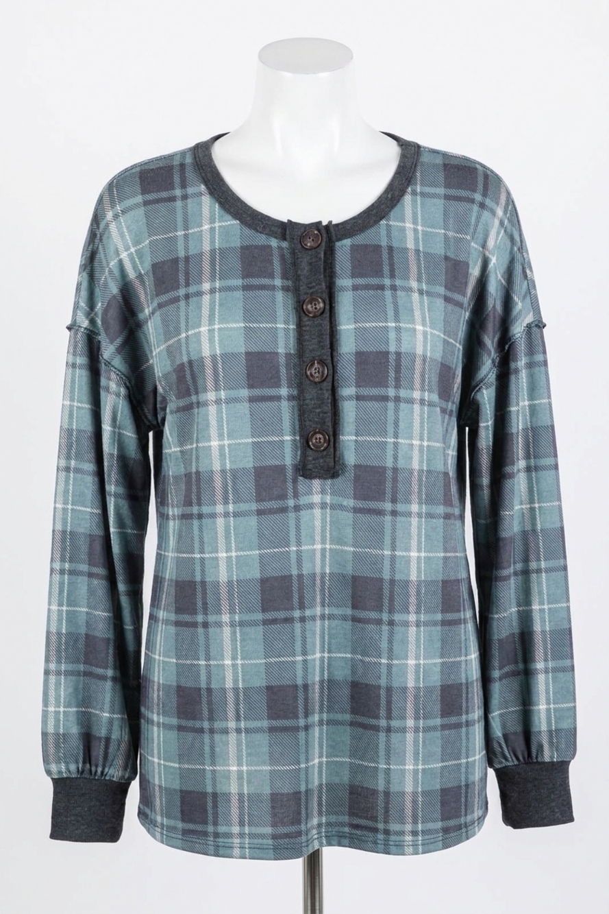 NEW HEIMISH USA plaid top with button front in blue plaid